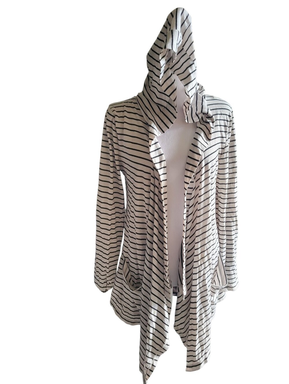 a.n.a Striped Hooded Open-Front Cardigan Cream/Black sz L